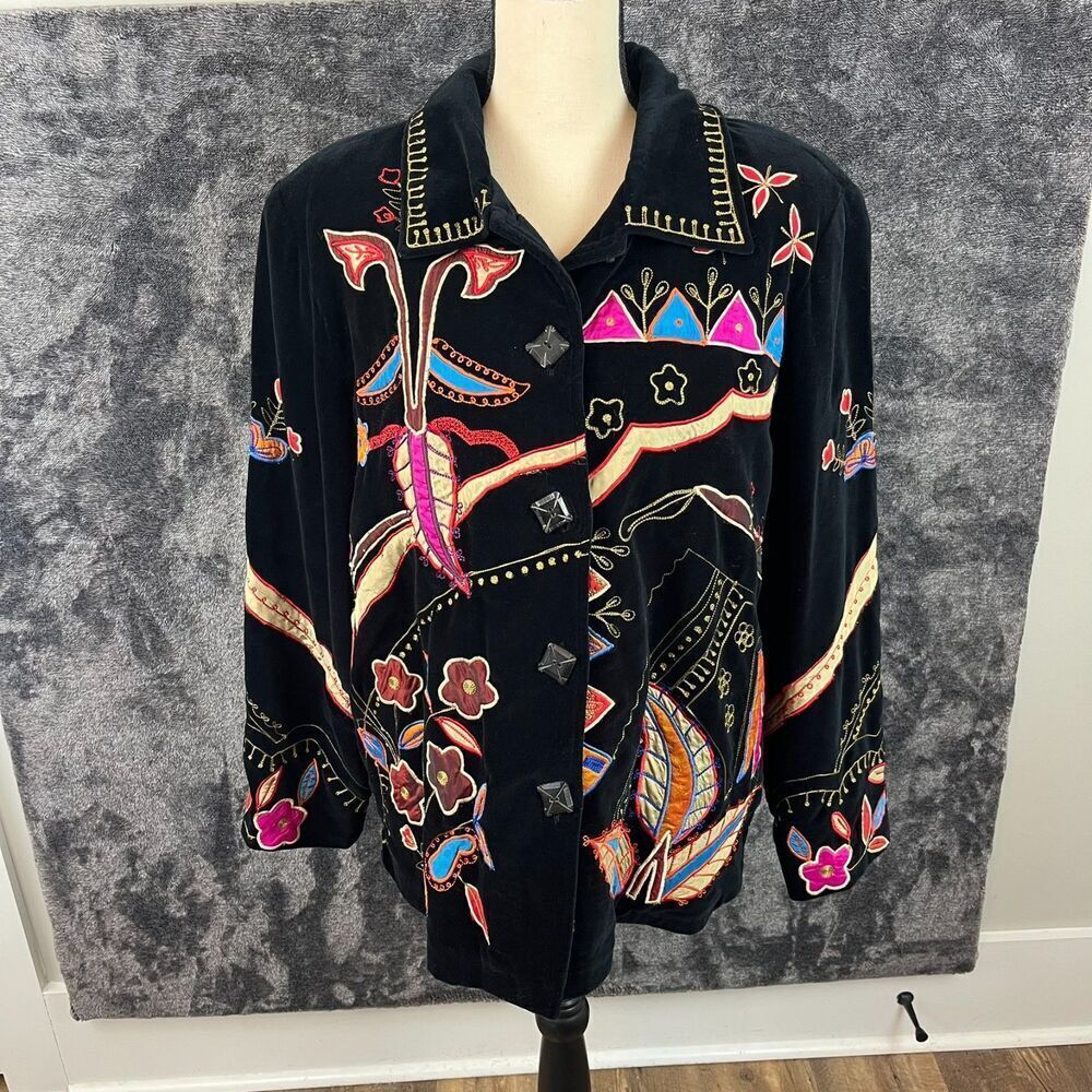 Vtg Allure Embroidered Velour Black Multicolor Jacket Blazer Floral Sz L Y2K Art